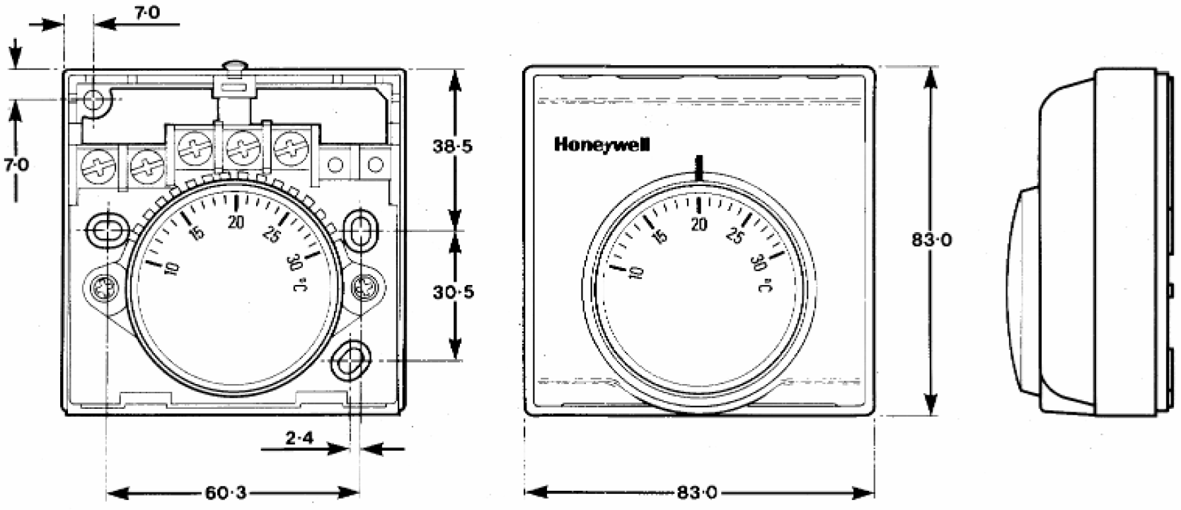 Honeywell Thermostat d'ambiance mural analogique - T6360 - Dimensions produit